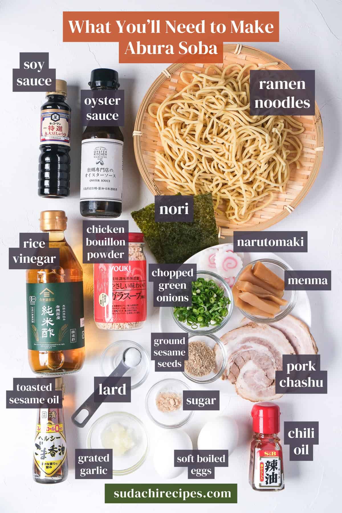 Ingredients needed to make abura soba on a white background with labels. From top to bottom, left to right: soy sauce, oyster sauce, ramen noodles, nori, rice vinegar, chicken bouillon powder, narutomaki, chopped green onions, menma, toasted sesame oil, lard, ground sesame seeds, pork chashu, sugar, grated garlic, soft boiled eggs, chili oil.