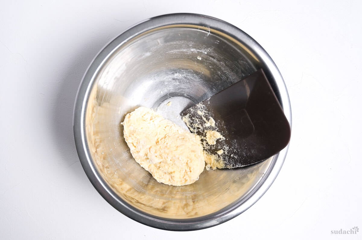 rough dough combined in mixing bowl