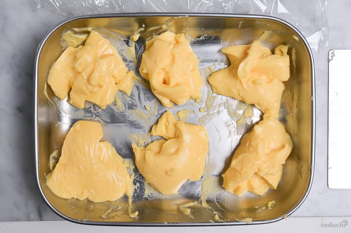 pastry cream divided into 6 portions ready for wrapping