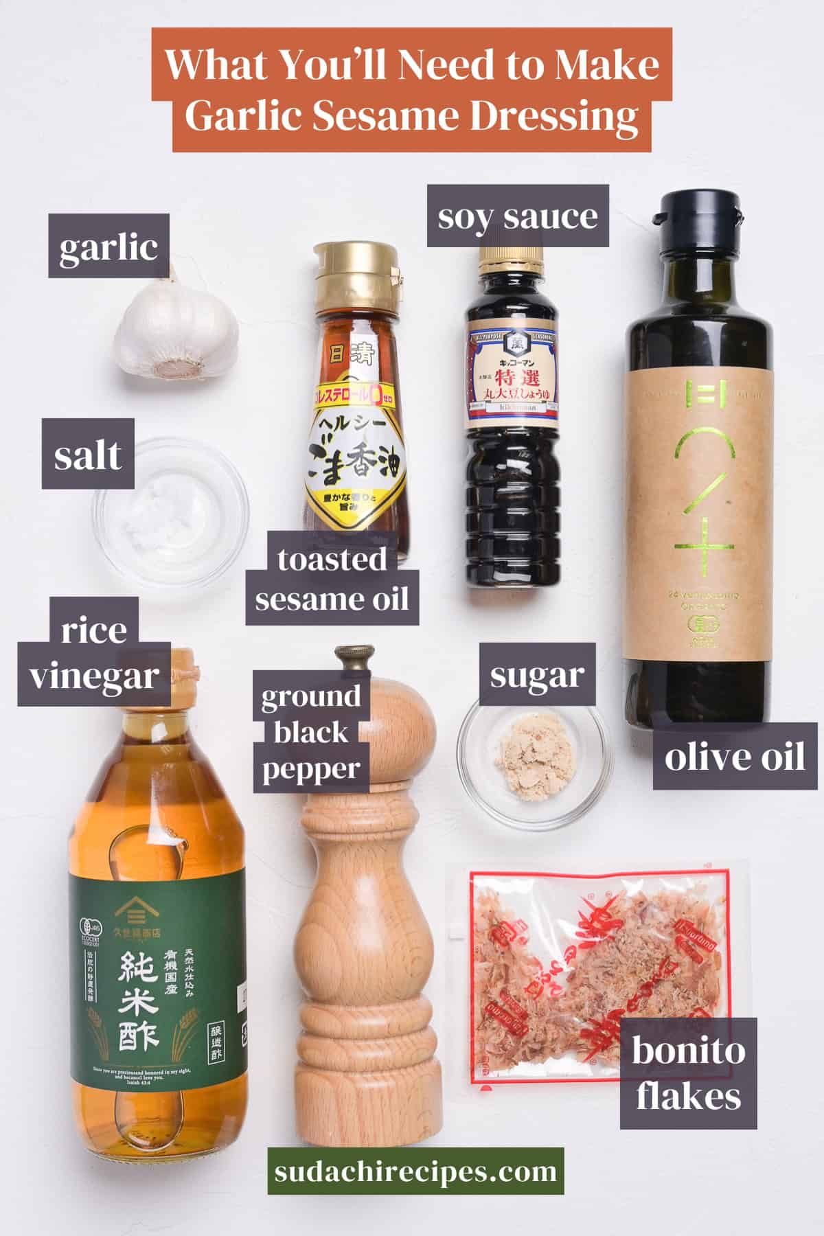 Ingredients to make garlic sesame dressing on a white background with labels. From top to bottom, left to right: garlic, soy sauce, salt, toasted sesame oil, rice vinegar, ground black pepper, sugar, olive oil, bonito flakes.