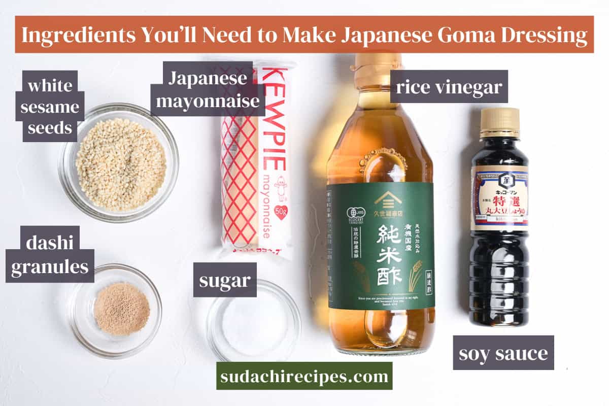 Ingredients needed to make Japanese goma dressing. From left to right: white sesame seeds, dashi granules, Japanese mayonnaise, sugar, rice vinegar, and soy sauce.