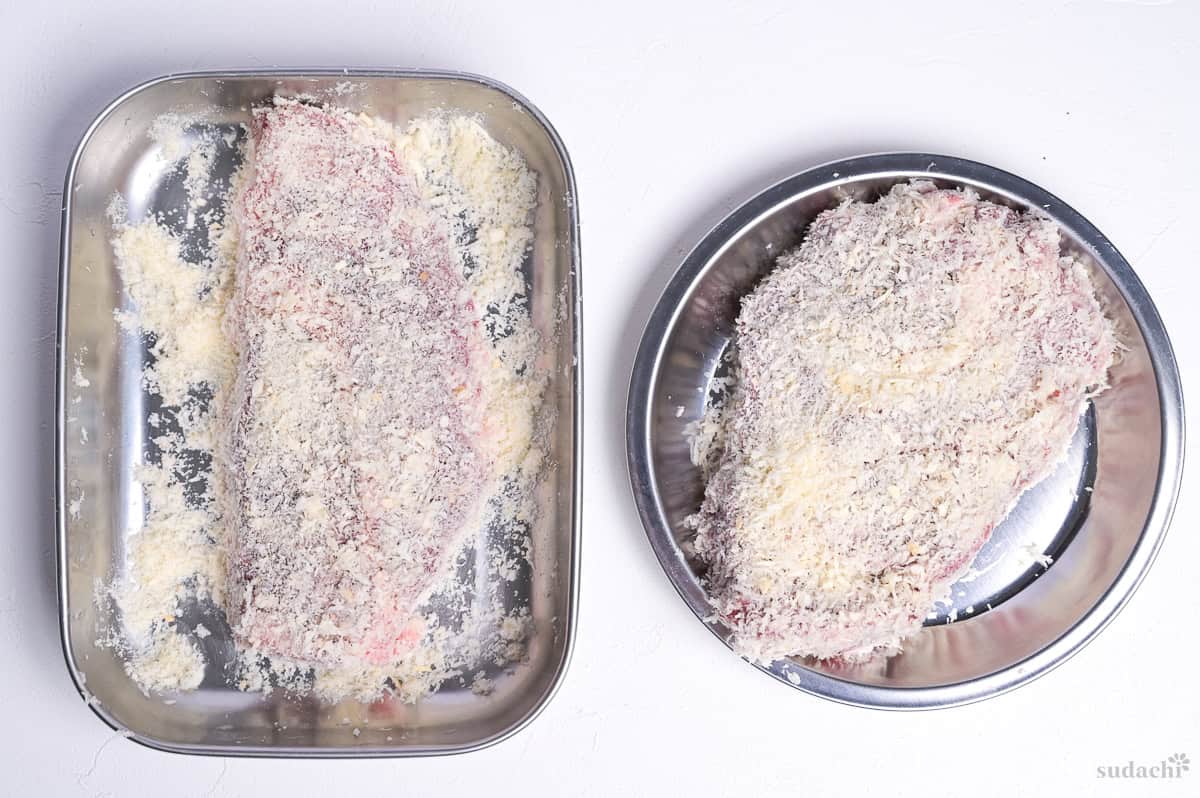 breaded beef steaks ready for frying (gyukatsu)
