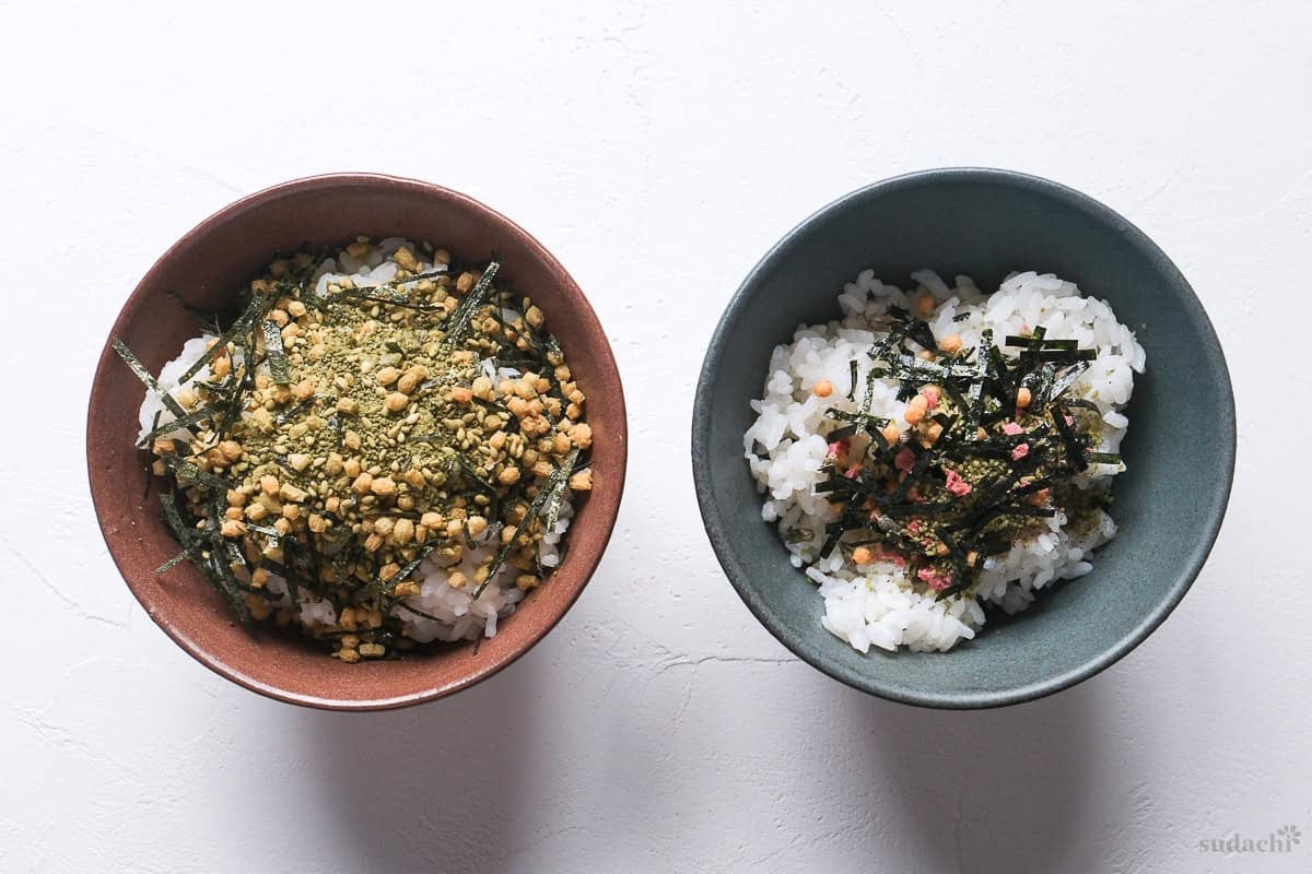 Homemade instant ochazuke over rice next to store-bought instant ochazuke over rice