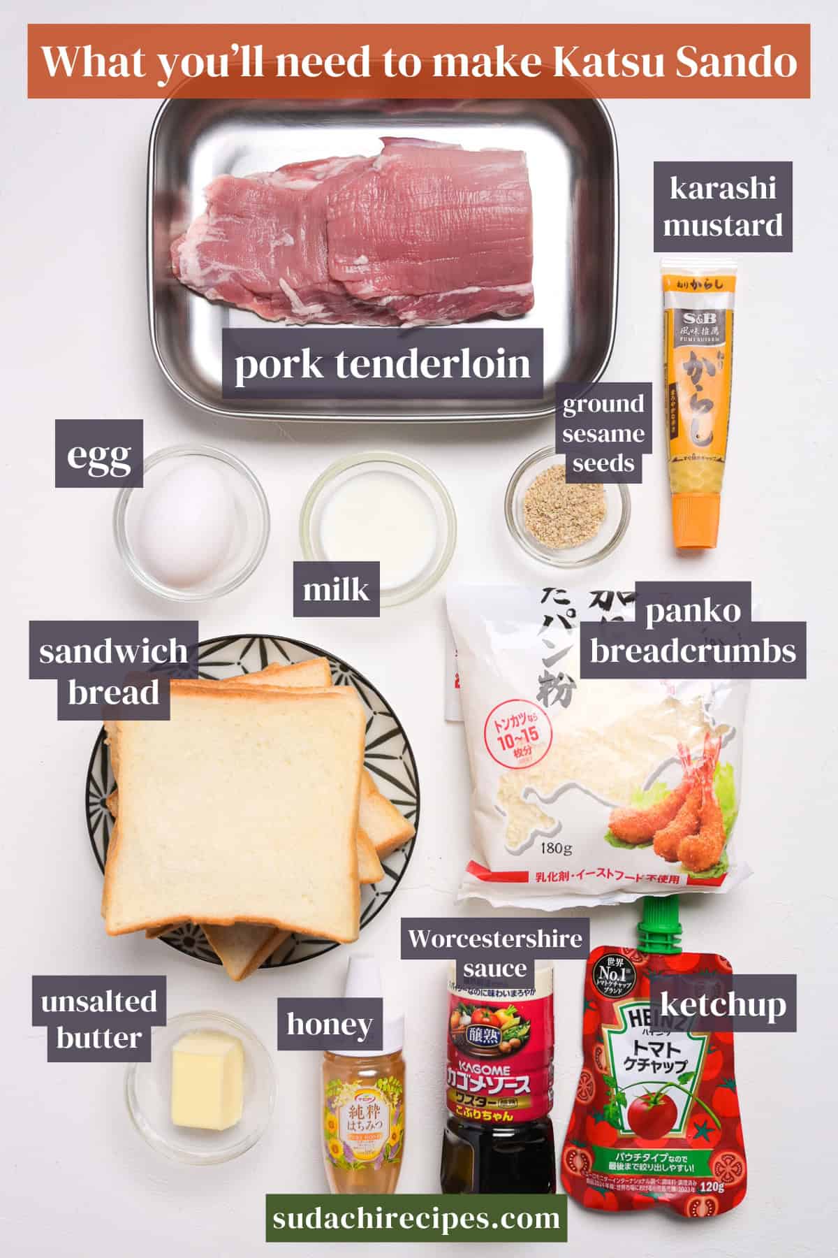 Katsu sando ingredients on a white background with labels. From top to bottom, left to right: pork tenderloin, karashi mustard, egg, ground sesame seeds, milk, sandwich bread, panko breadcrumbs, unsalted butter, honey, Worcestershire sauce, ketchup.