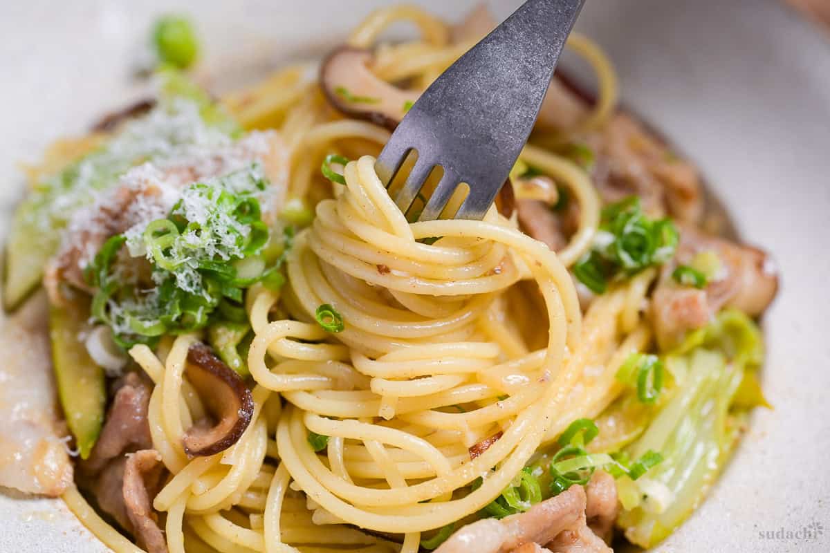Negishio spaghetti being twirled around a silver fork