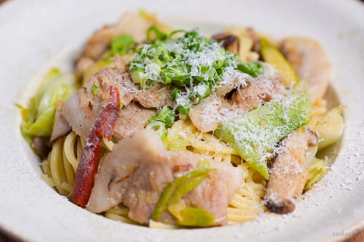 Close up of negi shio spaghetti.