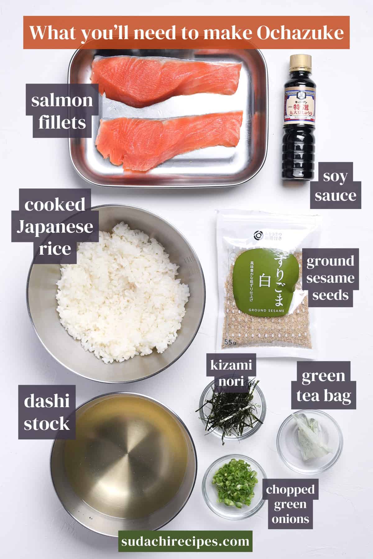 Ingredients to make ochazuke on a white background with labels. From top to bottom, left to right: salmon, soy sauce, cooked Japanese rice, ground sesame seeds, dashi stock, kizami nori, green tea bag, chopped green onions.