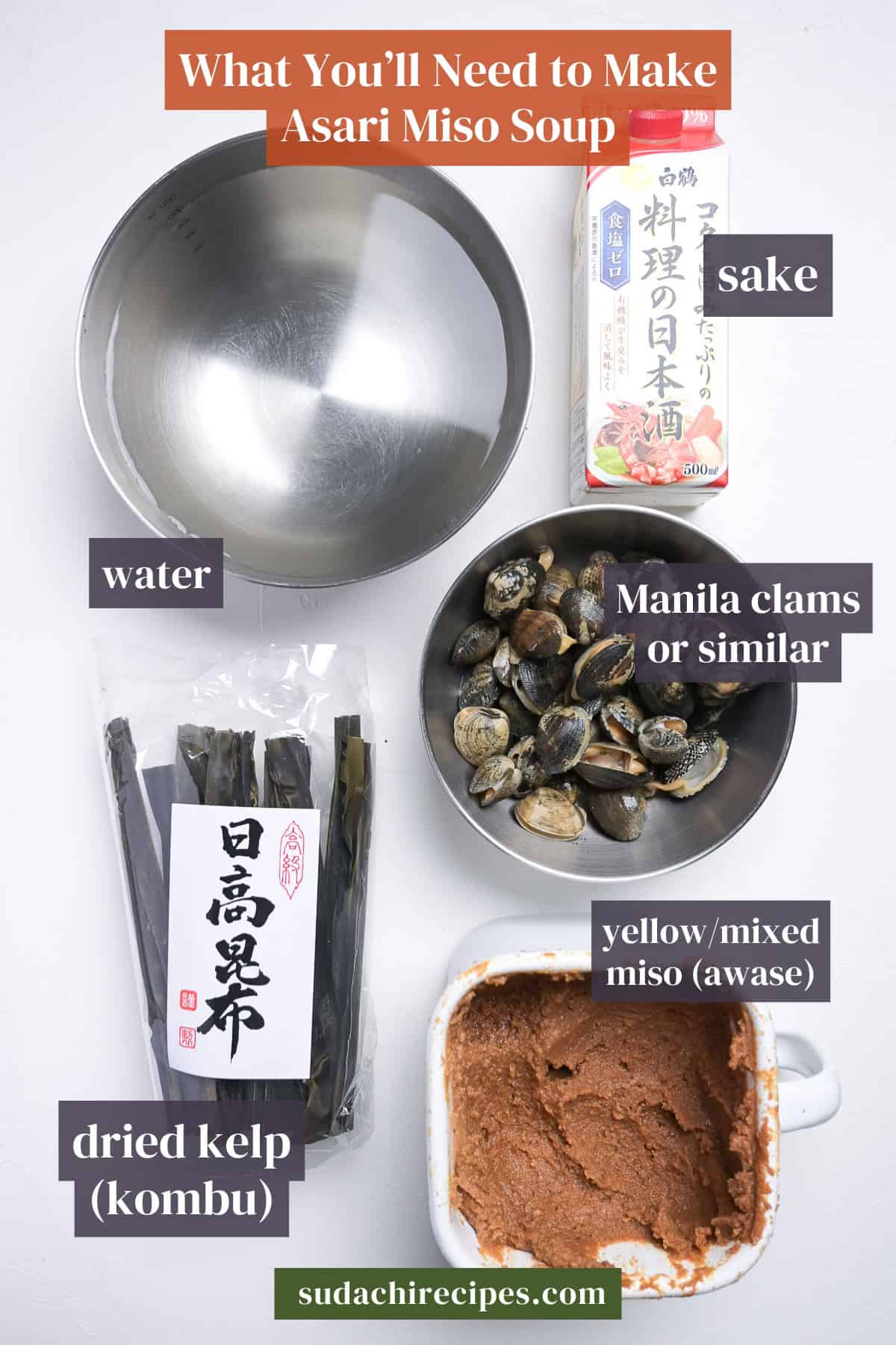 Ingredients needed to make asari clam miso soup on a white background with labels. From top to bottom, left to right: water, sake, manila clams or similar, kombu dried kelp, yellow/mixed awase miso.