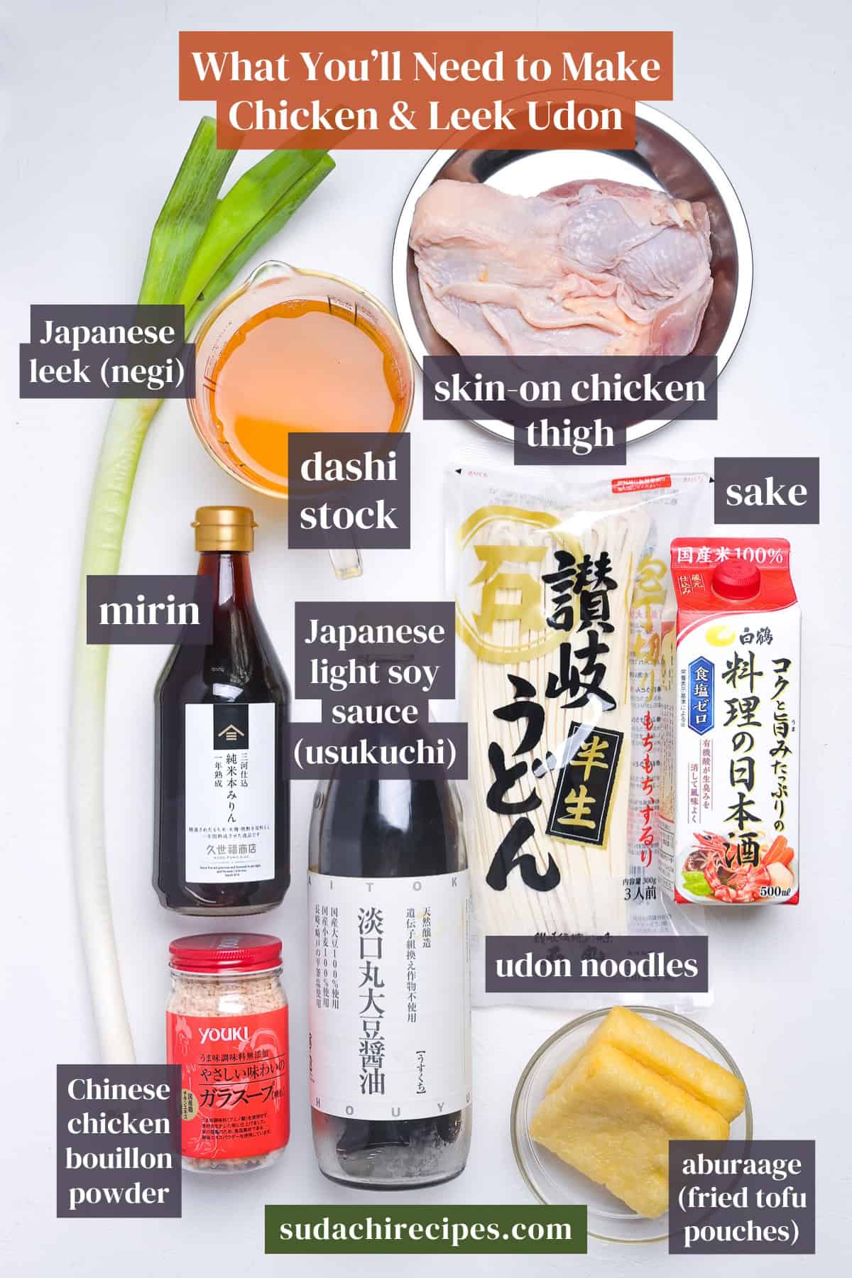 Ingredients needed to make tori nanban udon on a white background with labels. From top to bottom, left to right: Japanese leek (negi), dashi stock, skin-on chicken thigh, mirin, Japanese light soy sauce (suskuchi shoyu), sake, udon noodles, Chicnese chicken bouillon powder, aburaage (fried tofu pouches).
