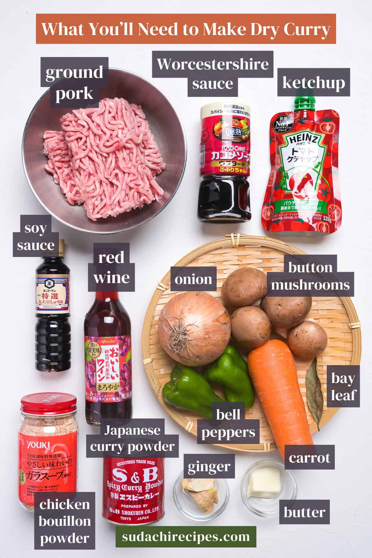 Ingredients needed to make dry curry on a white background with labels. From top to bottom, left to right: ground pork, Worcestershire sauce, ketchup, soy sauce, red wine, onion, button mushrooms, chicken bouillon powder, Japanese curry powder, bell peppers, carrot, bay leaf, ginger, butter.