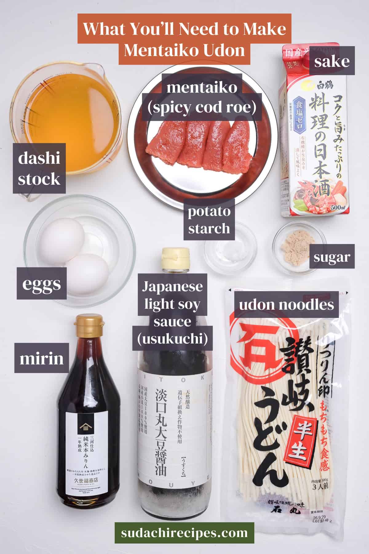 Ingredients needed to make mentaiko ankake udon on a white background with labels. From top to bottom, left to right: dashi stock, mentaiko, sake, eggs, potato starch, sugar, mirin, Japanese light usukuchi soy sauce, and udon noodles.