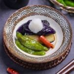 Nasu no agebitashi (Fried Japanese eggplant in dashi) with shishito peppers and chili topped with grated daikon radish in a dish with brown and grayish blue seigaiha pattern