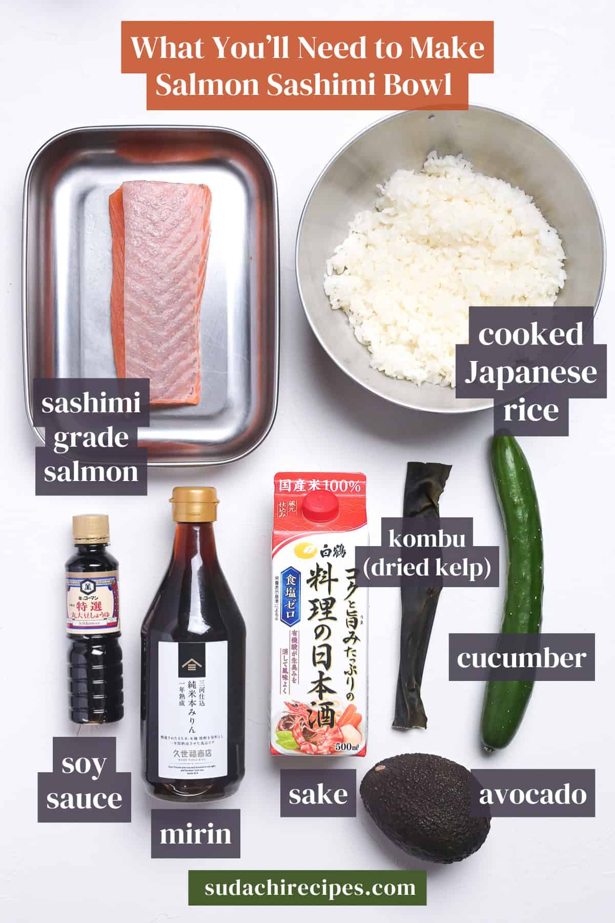 Ingredients needed to make marinated salmon sashimi bowl on a white background with labels. From top to bottom, left to right: sashimi grade salmon, cooked Japanese rice, kombu dried kelp, cucumber, soy sauce, mirin, sake, avocado.