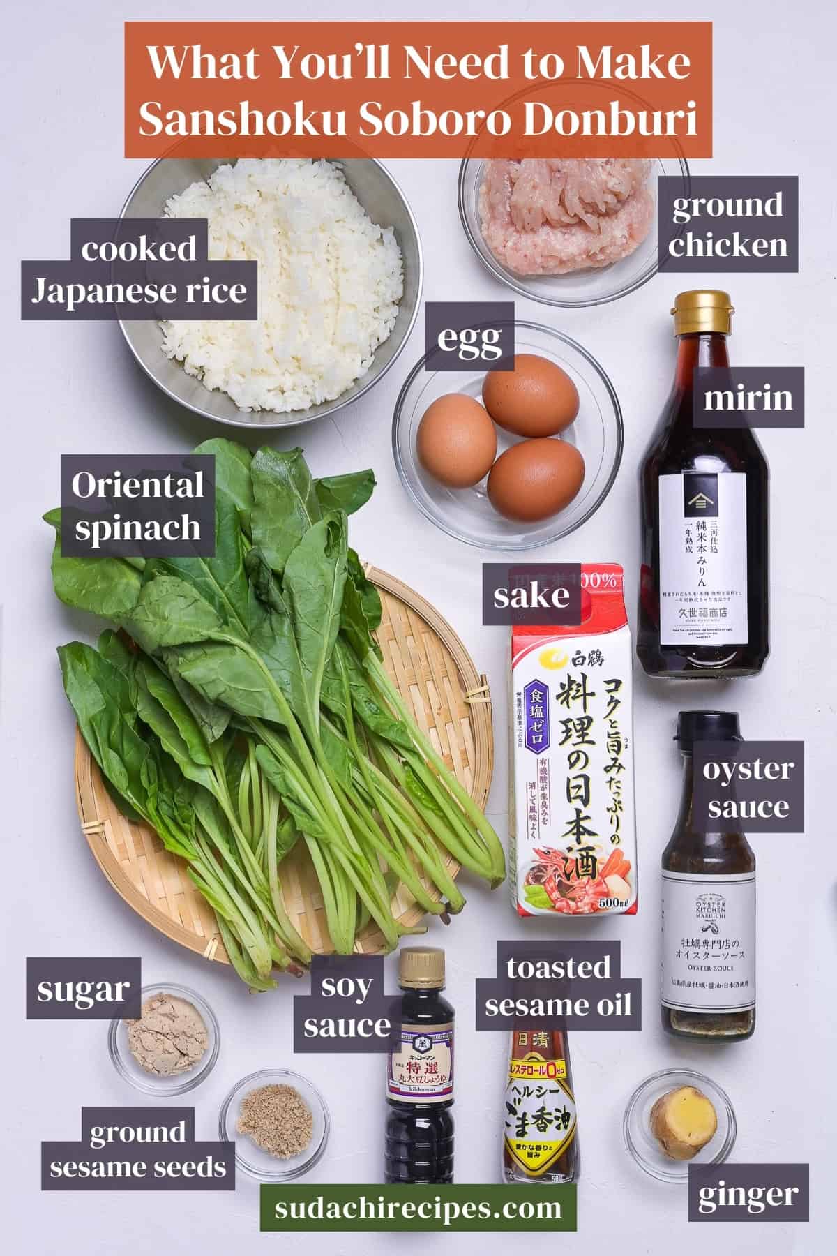 Ingredients needed to make sanshoku chicken soboro donburi on a white background with labels. From top to bottom, left to right: cooked Japanese rice, ground chicken, egg, mirin, Oriental spinach, sake, oyster sauce, sugar, soy sauce, toasted sesame oil, ground sesame seeds, ginger.