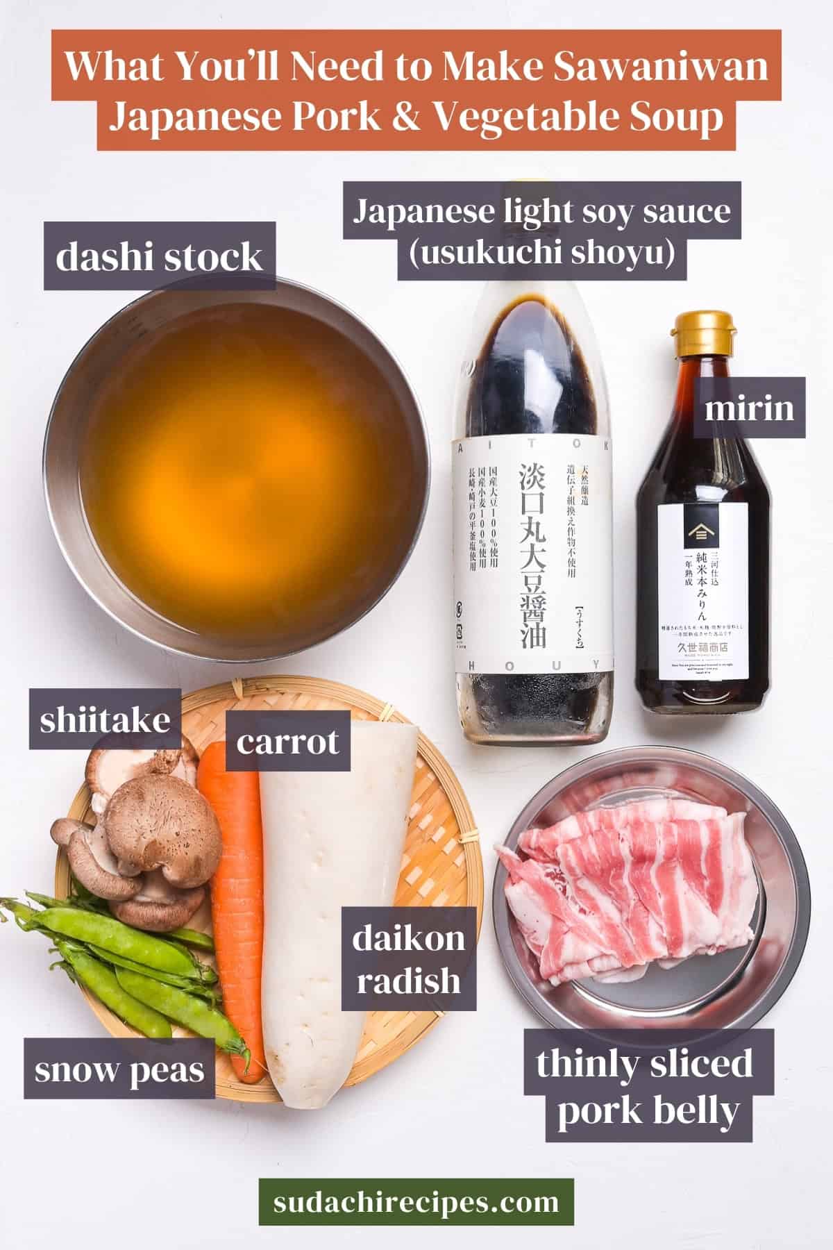 Ingredients needed to make sawaniwan (Japanese pork and vegetable soup) on a white background with labels. From top to bottom, left to right: dashi stock, Japanese light soy sauce, mirin, shiitake, carrot, daikon radish, snow peas, and thinly sliced pork belly.
