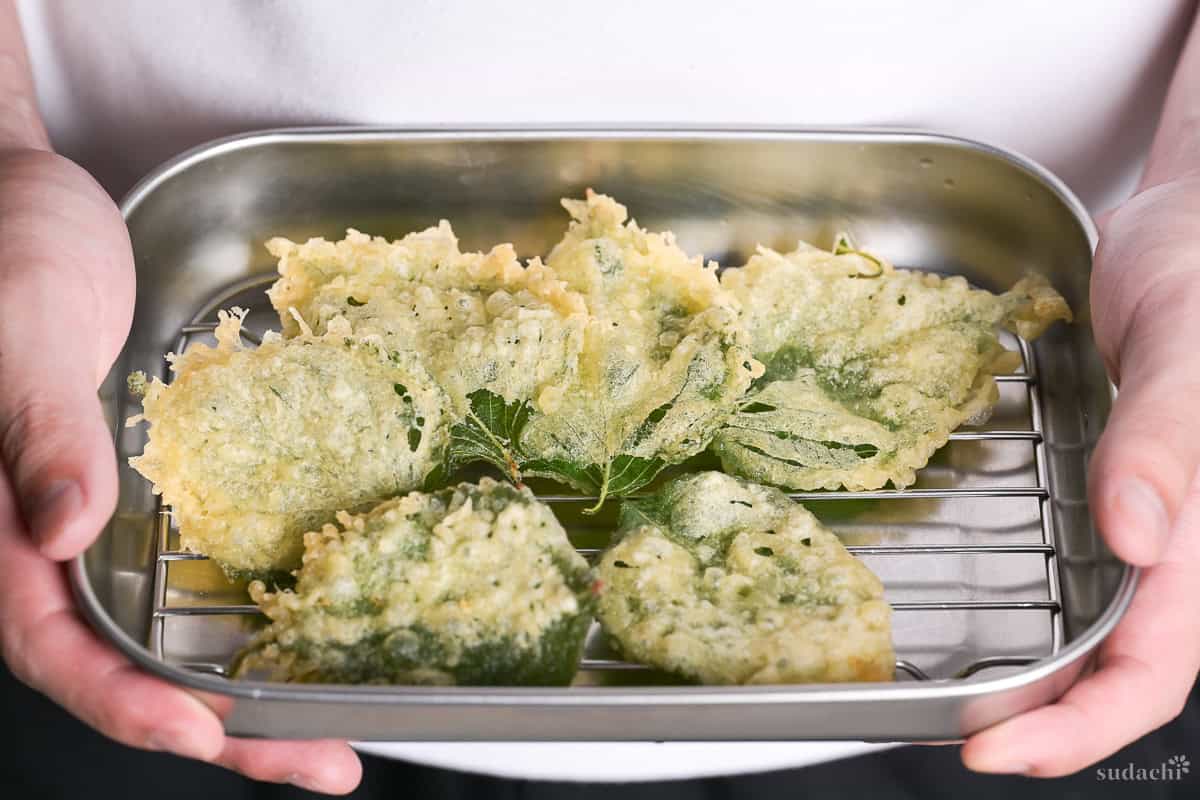 Yuto Omura holding up Perilla leaf (shiso/ooba) tempura on a wire rack inside a steel container.