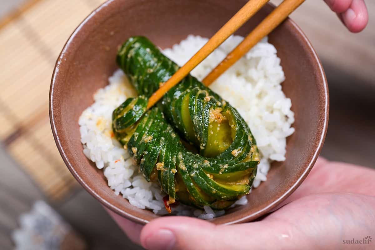 Spicy miso accordion cucumber on rice