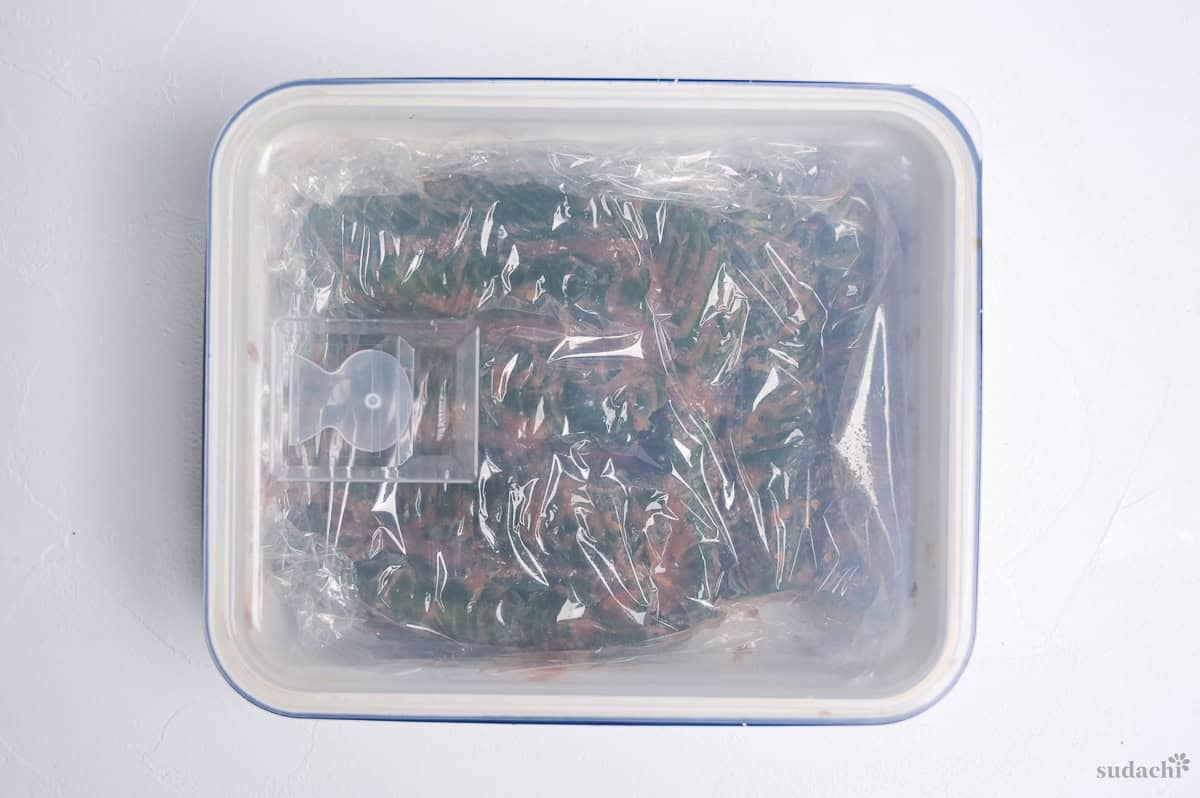 spicy miso accordion cucumbers in a sealed container ready for refrigeration