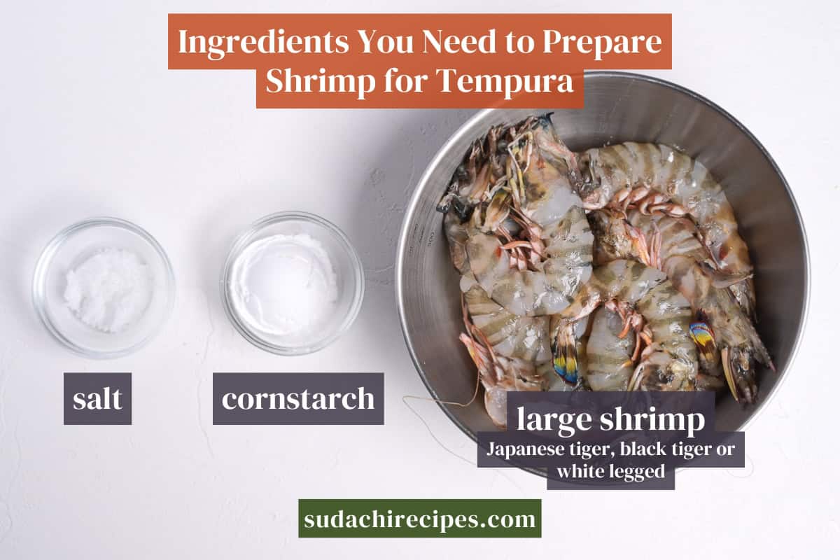 Ingredients needed to prepare shrimp for tempura on a white background with labels. From left to right: salt, cornstarch, large shrimp.