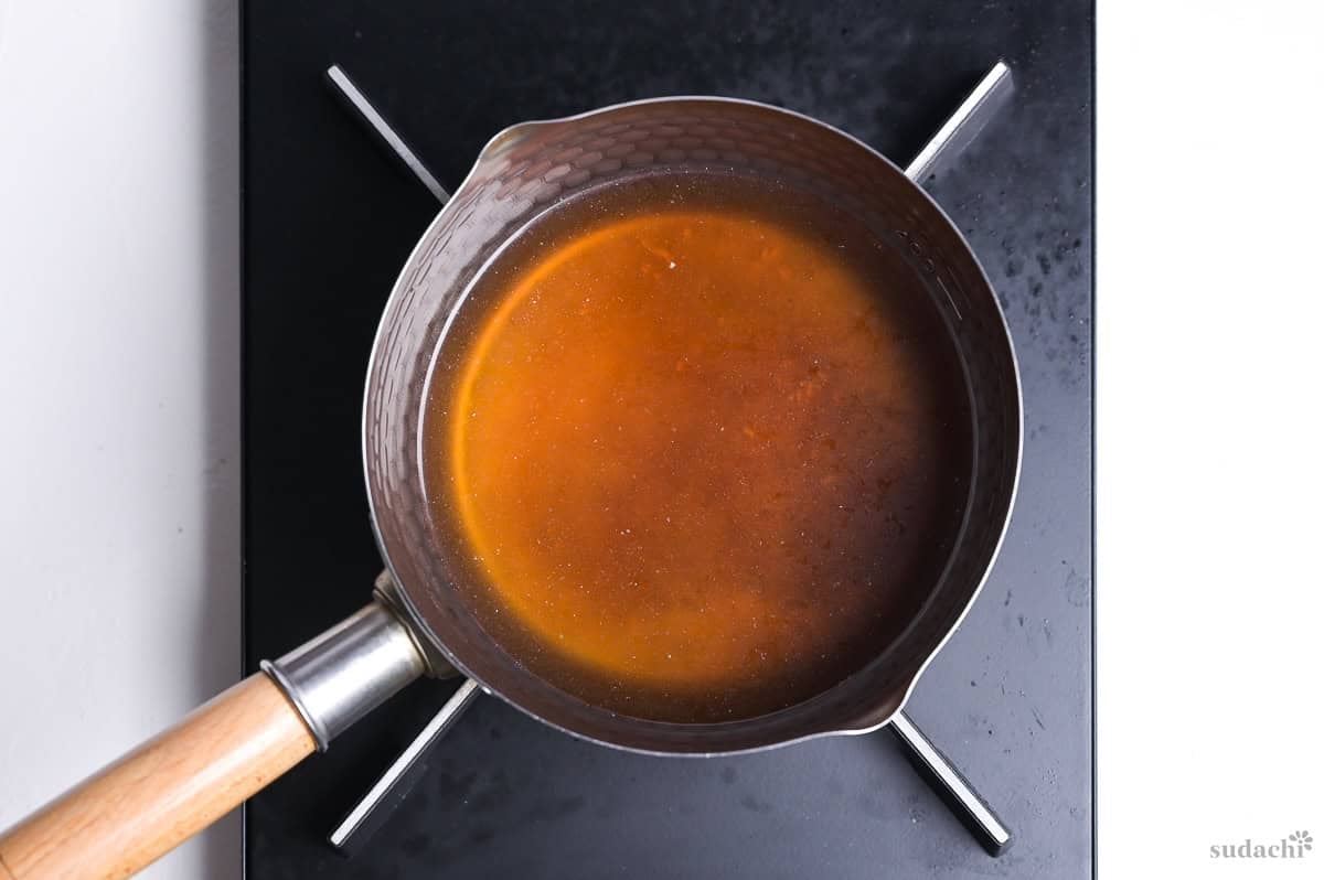 Making sauce for tenshinhan in a saucepan on the stove top