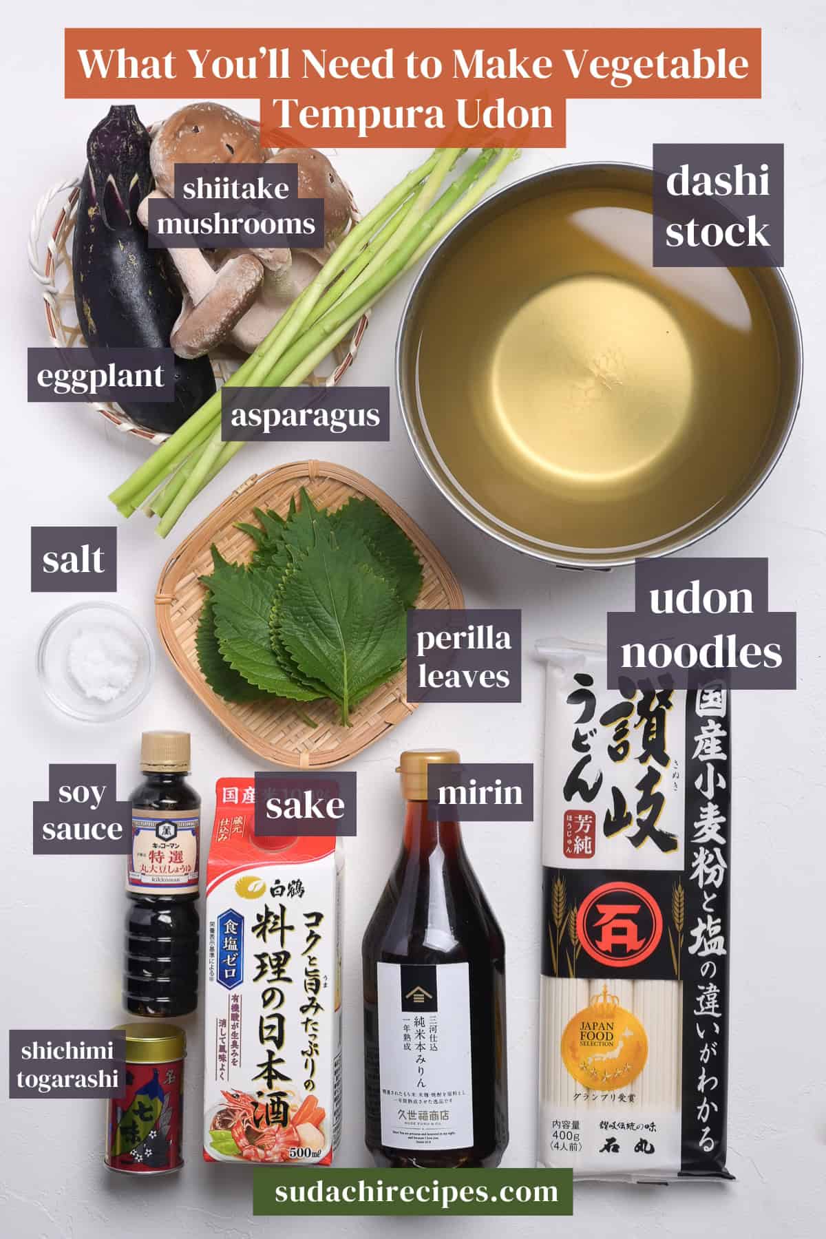 Ingredients needed to make vegetable tempura udon on a white background with labels. From top to bottom, left to right: shiitake mushrooms, dashi stock, eggplant, asparagus, salt, perilla leaves, udon noodles, soy sauce, sake, mirin, shichimi togarashi.