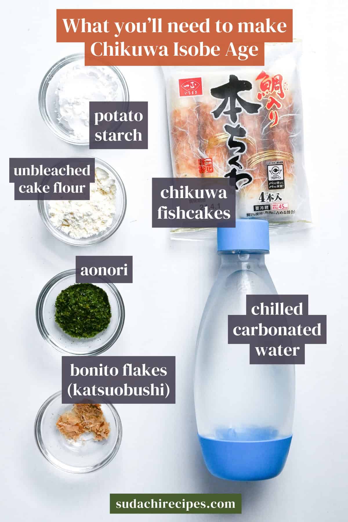 chikuwa isobeage ingredients on a white background with labels. From top to bottom, left to right: potato srtarch, chikuwa fishcakes, unbleached cake flour, aonori, bonito flakes, chilled carbonated water.