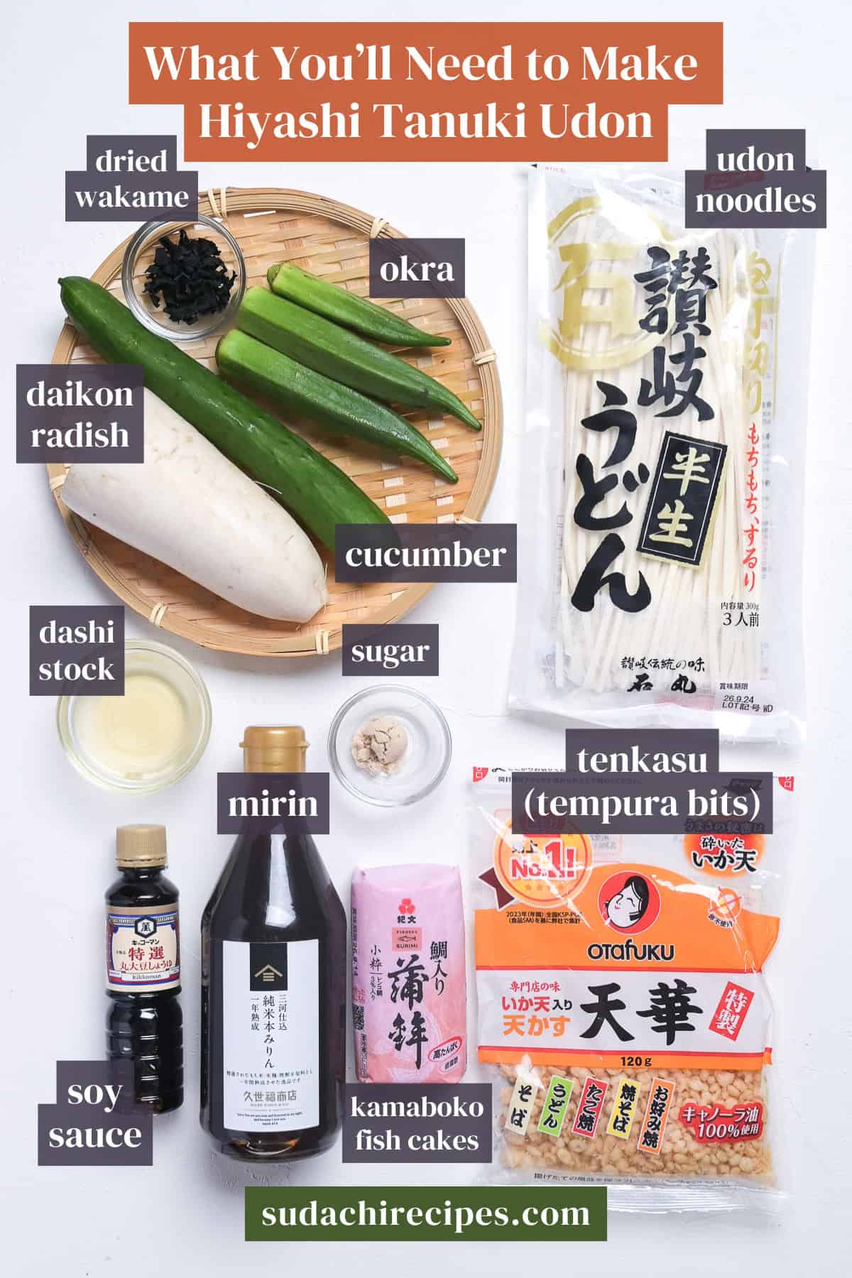Ingredients to make Hiyashi Tanuki Udon on a white background with labels. From top to bottom, left to right: dried wakame, okra, udon noodles, daikon radish, cucumber, dashi stock, sugar, mirin, tenkasu, soy sauce, kamaboko fishcake.