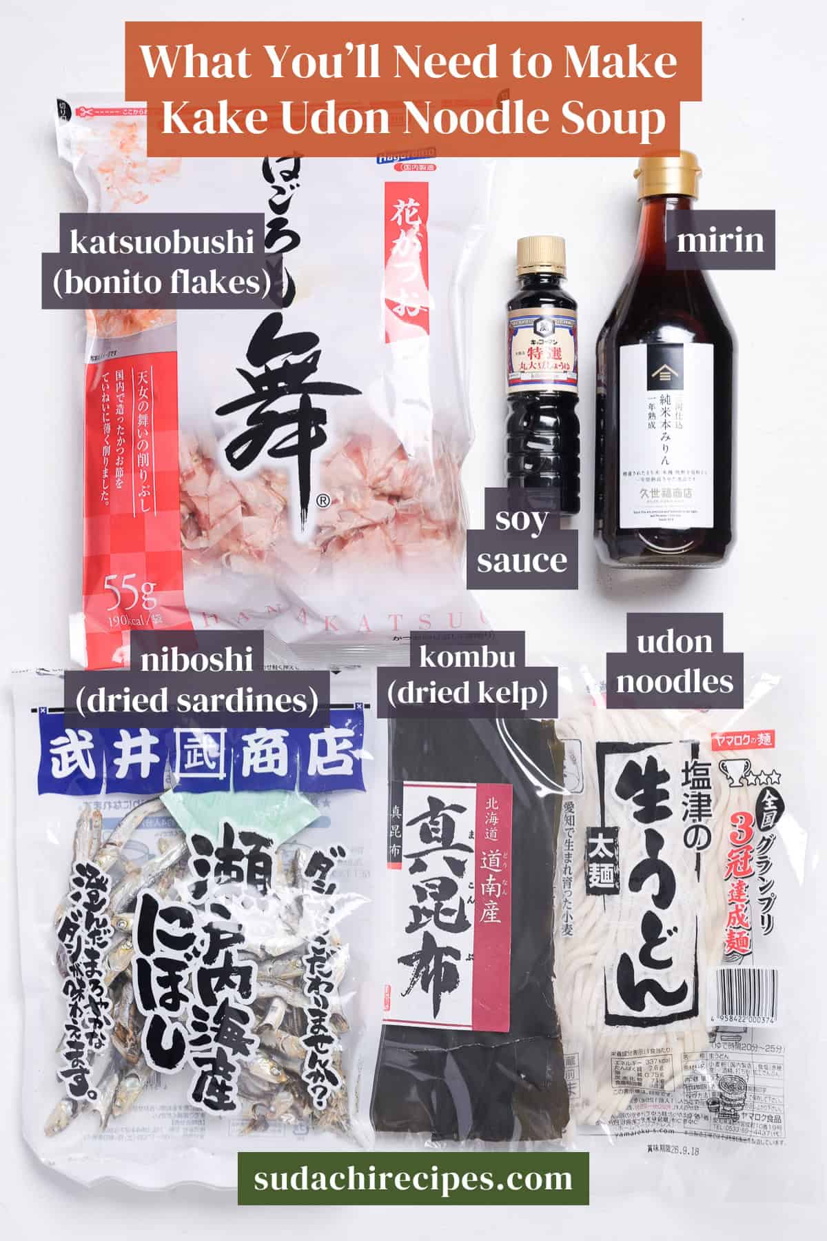 Ingredients needed to make kake udon noodle soup on a white background with labels. From top to bottom, left to right: katsuobushi (bonito flakes), soy sauce, mirin, niboshi (dried sardines), kombu (dried kelp), udon noodles.