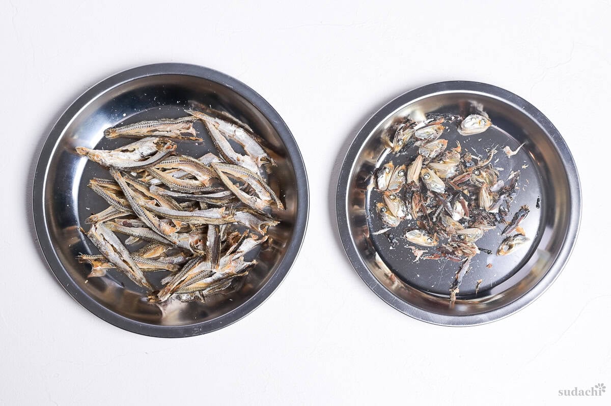 Dried sardines (niboshi) with heads and insides removed ready to make dashi for kake udon noodle soup