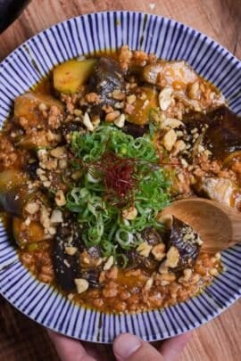 Plant-based mabo nasu (mapo eggplant) topped with chopped green onion and chili threads served in a white dish with blue striped edge with wooden spoon taking a scoop thumbnail square