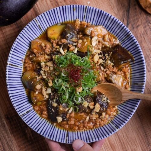 Plant-based mabo nasu (mapo eggplant) topped with chopped green onion and chili threads served in a white dish with blue striped edge with wooden spoon taking a scoop thumbnail square