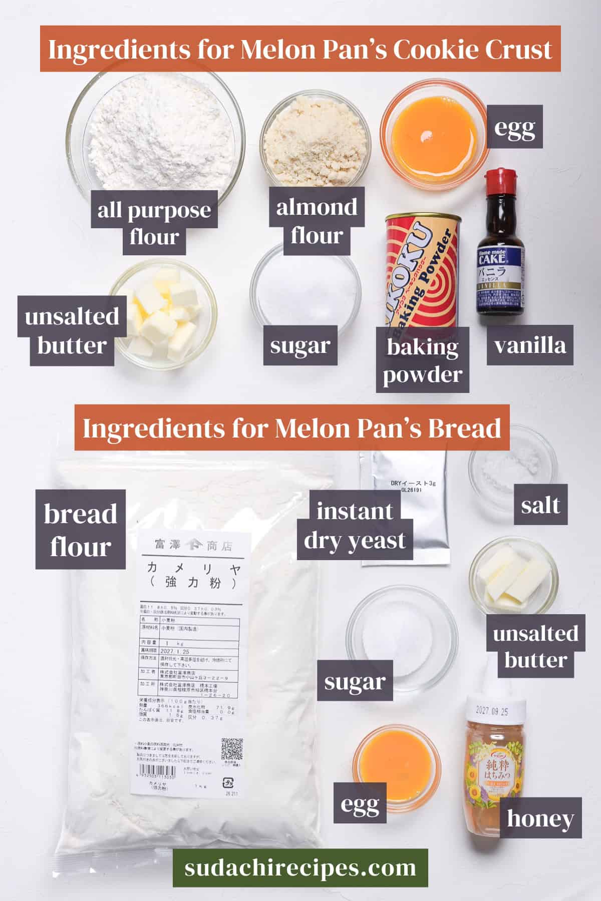 Ingredients needed to make melon pan on a white background with labels. Top half: Cookie crust: all purpose flour, almond flour, egg, unsalted butter, sugar, baking powder, vanilla. For bread: bread flour, instant dry yeast, salt, sugar, unsalted butter, egg, honey.