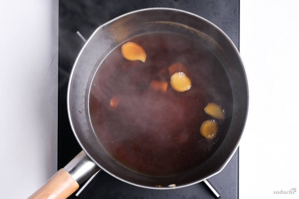 sakana no nitsuke broth in a pot on the stove top