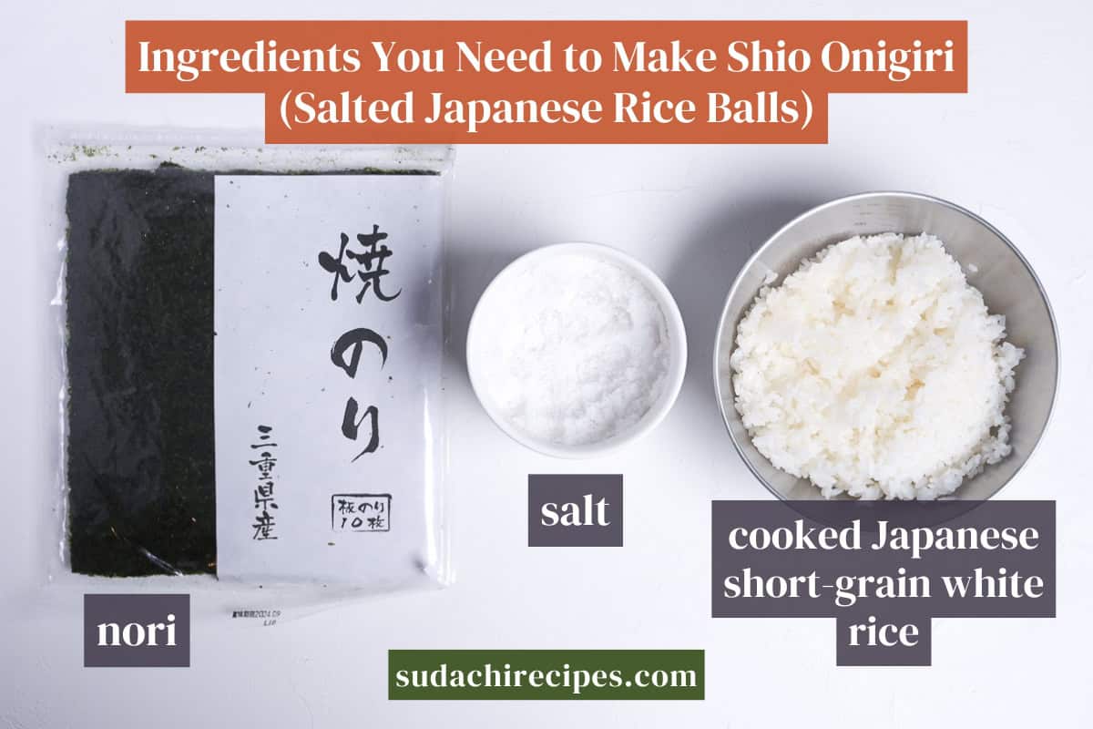 Ingredients needed to make shio onigiri on a white background with labels. From left to right: nori, salt, cooked Japanese rice.