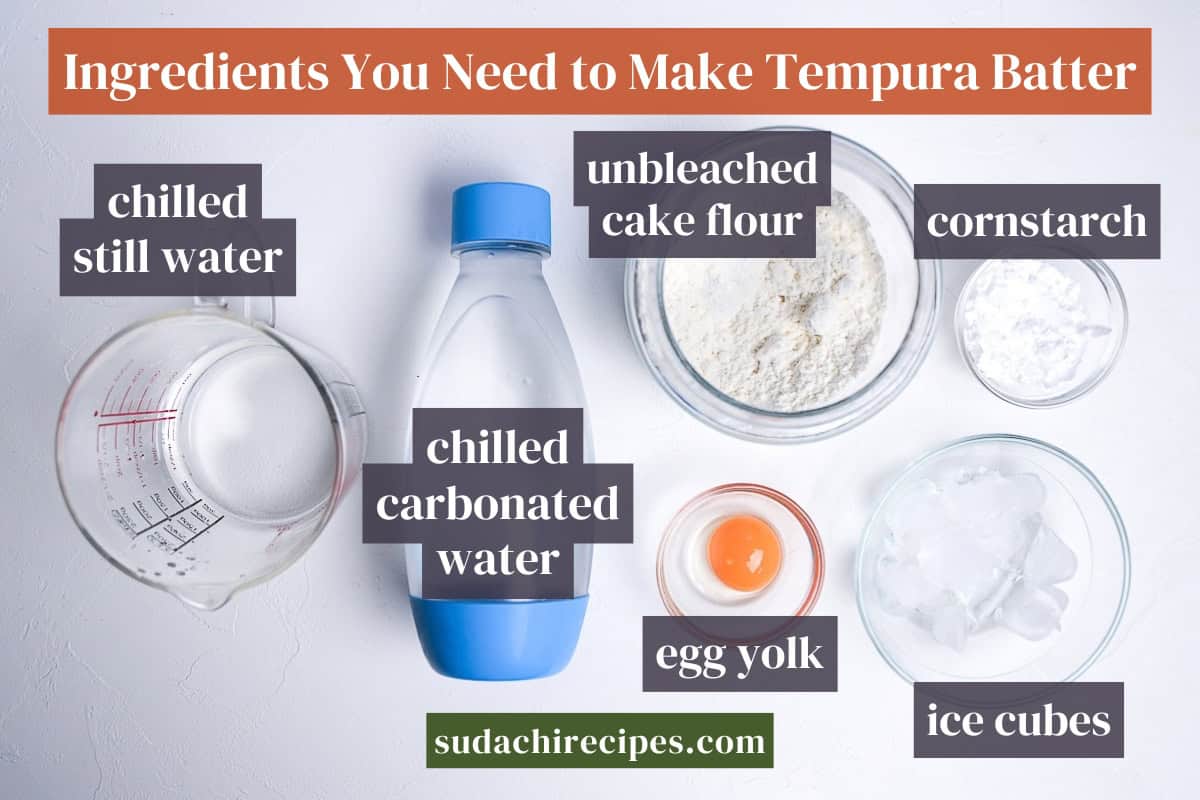 tempura batter ingredients on a white background with labels. From left to right: chilled still water, chilled carbonated water, unbleached cake flour, egg yolk, cornstarch, ice cubes.