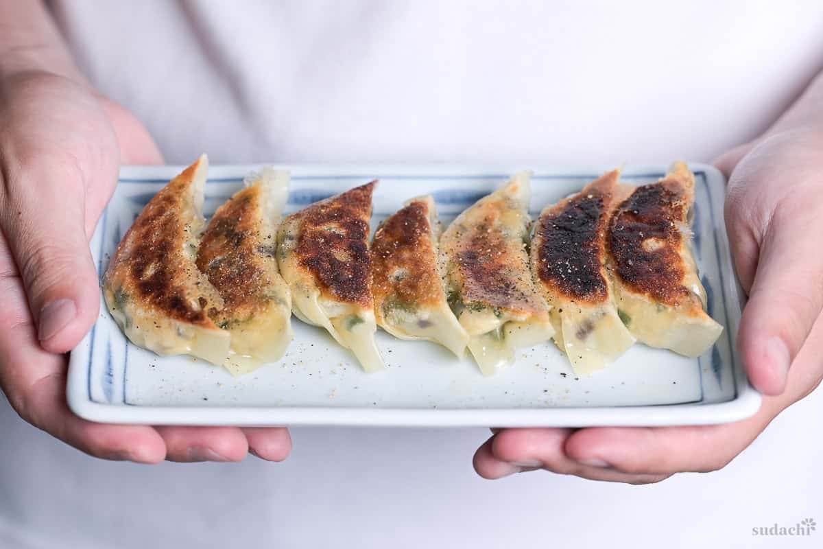 Yuto Omura holding up a plate of 7 pan fried crispy tofu gyoza (plant based recipe)
