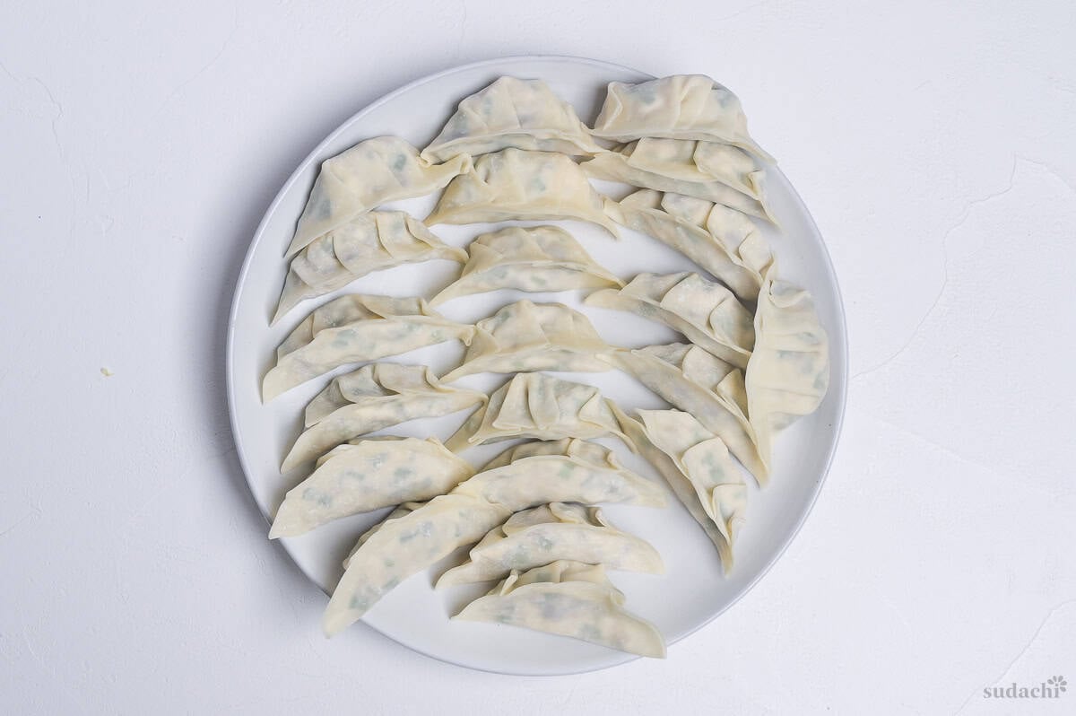 wrapped and shaped homemade tofu gyoza on a round white plate.