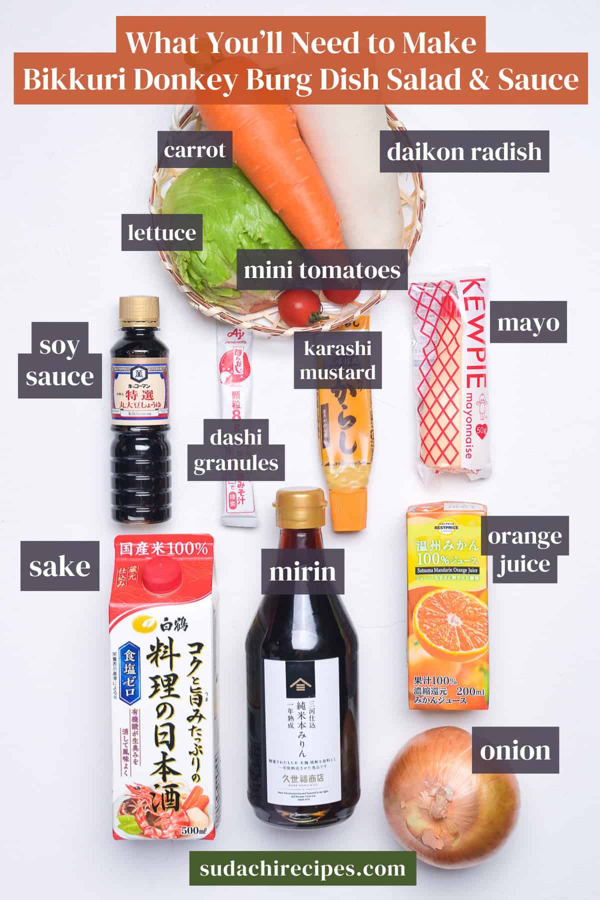 Ingredients needed to make Bikkuri donkey burg dish salad and sauce. From top to bottom, left to right: carrot, daikon radish, lettuce, mini tomatoes, soy sauce, dashi granules, karashi mustard, mayo, sake, mirin, orange juice, onion.