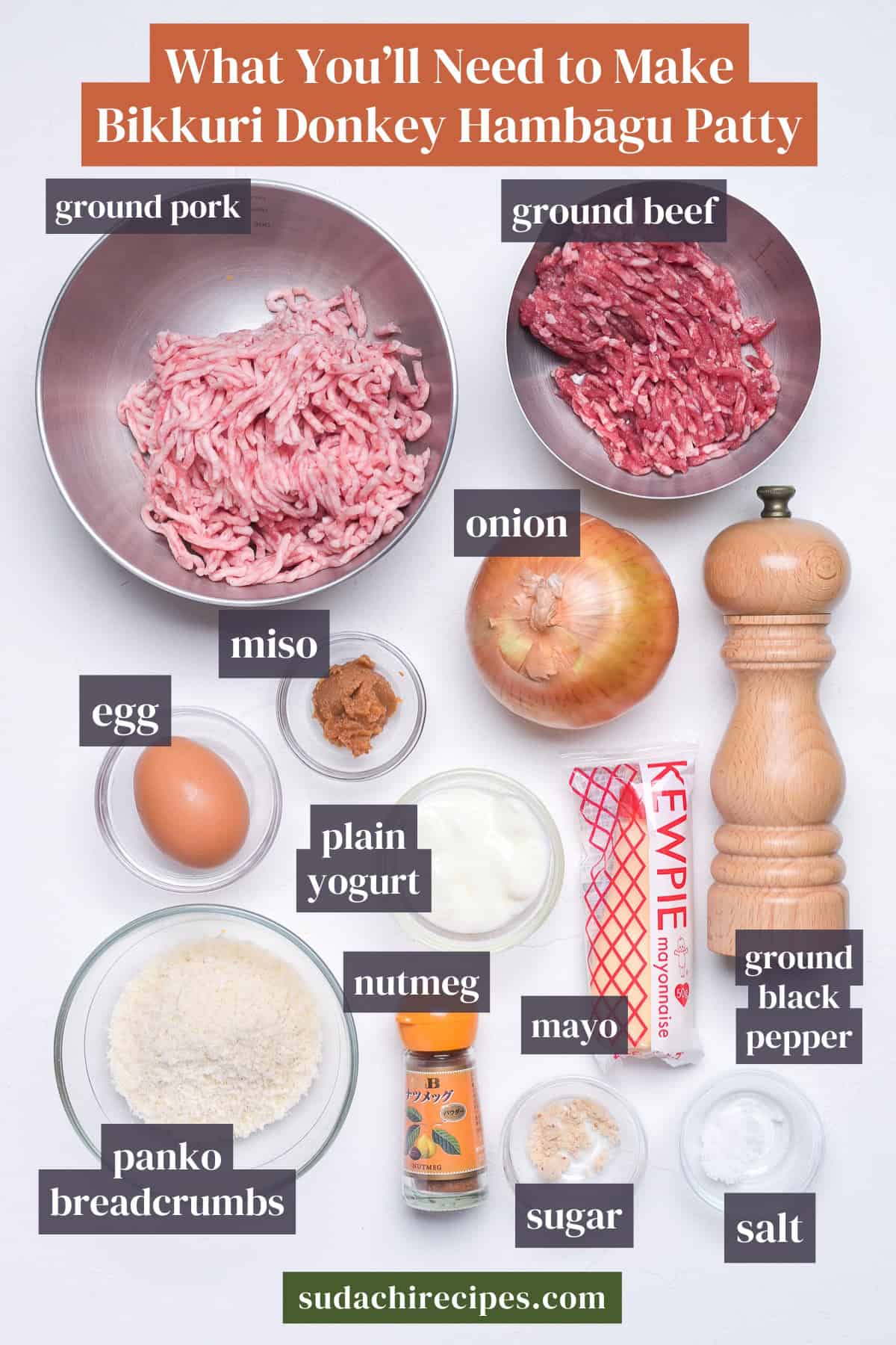 Ingredients needed to make bikkuri donkey burg dish hambagu patty. From top to bottom, left to right: ground pork, ground beef, onion, miso, egg, plain yogurt, mayo, ground black pepper, panko breadcrumbs, nutmeg, sugar, salt.