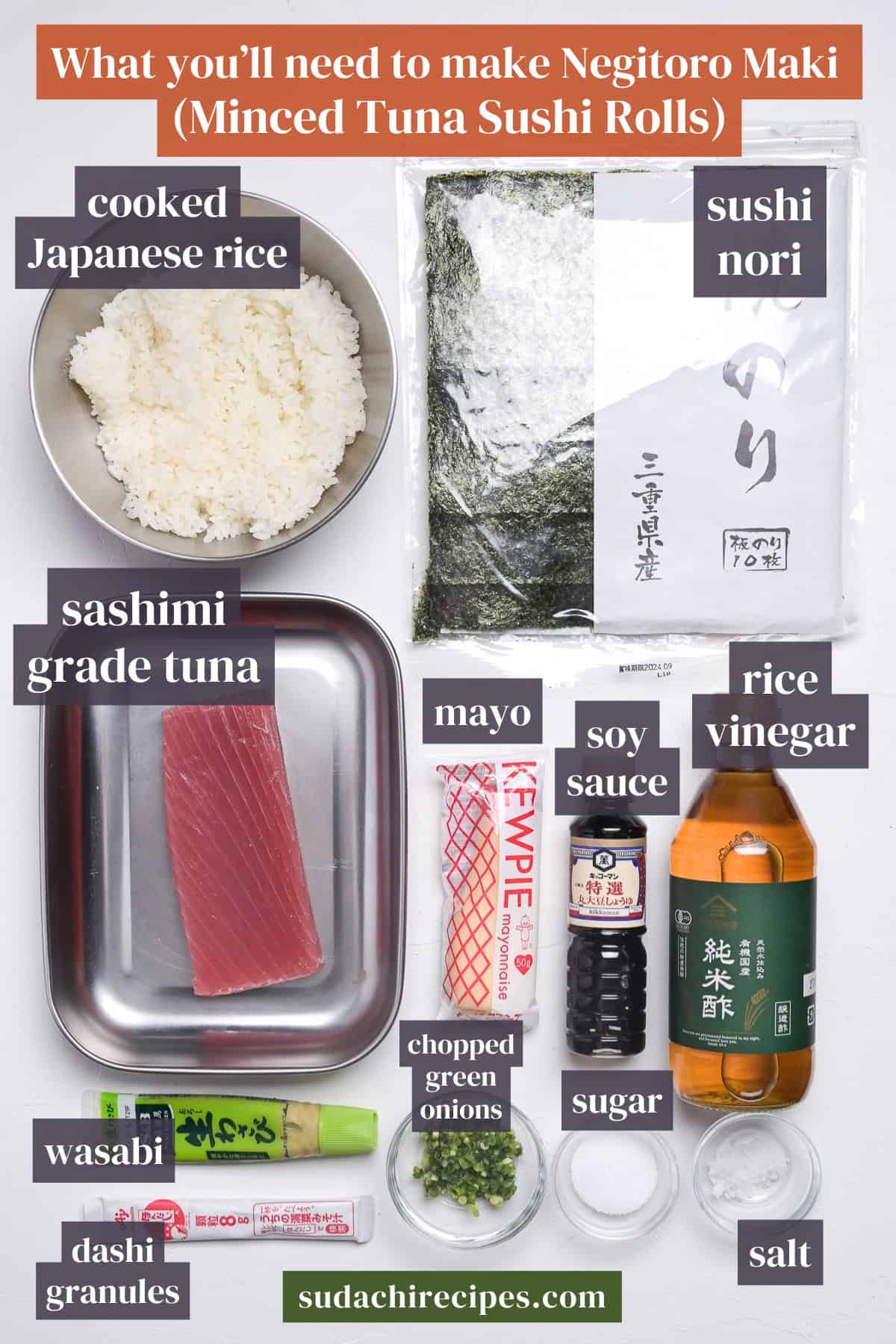 Ingredients needed to make negitoro maki on a white background with labels. From top to bottom, left to right: cooked Japanese rice, sushi nori, sashimi grade tuna, mayo, soy sauce, rice vinegar, wasabi, chopped green onions, sugar, dashi granules, salt.